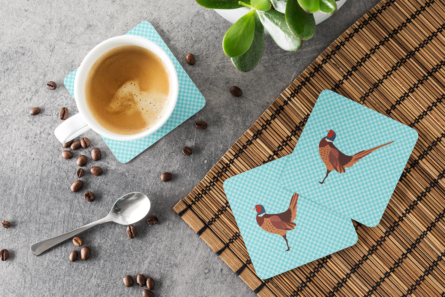Ring-necked Common Pheasant Blue Check Foam Coasters Set of 4 Cup Coasters for Indoor Outdoor, Tabletop Protection, Anti Slip, Mouse pad Material