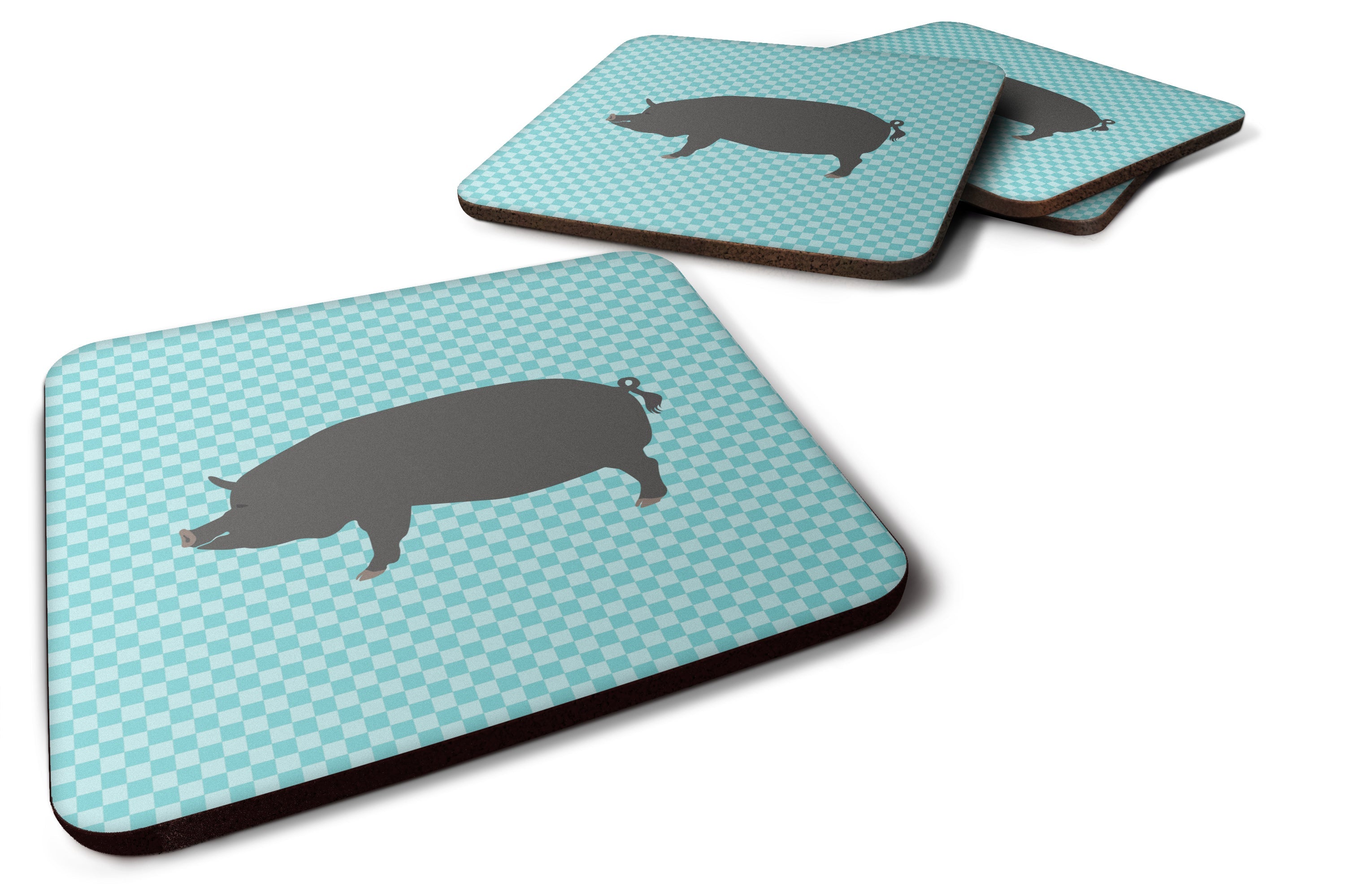 Berkshire Pig Blue Check Foam Coasters Set of 4 Cup Coasters for Indoor Outdoor, Tabletop Protection, Anti Slip, Mouse pad Material