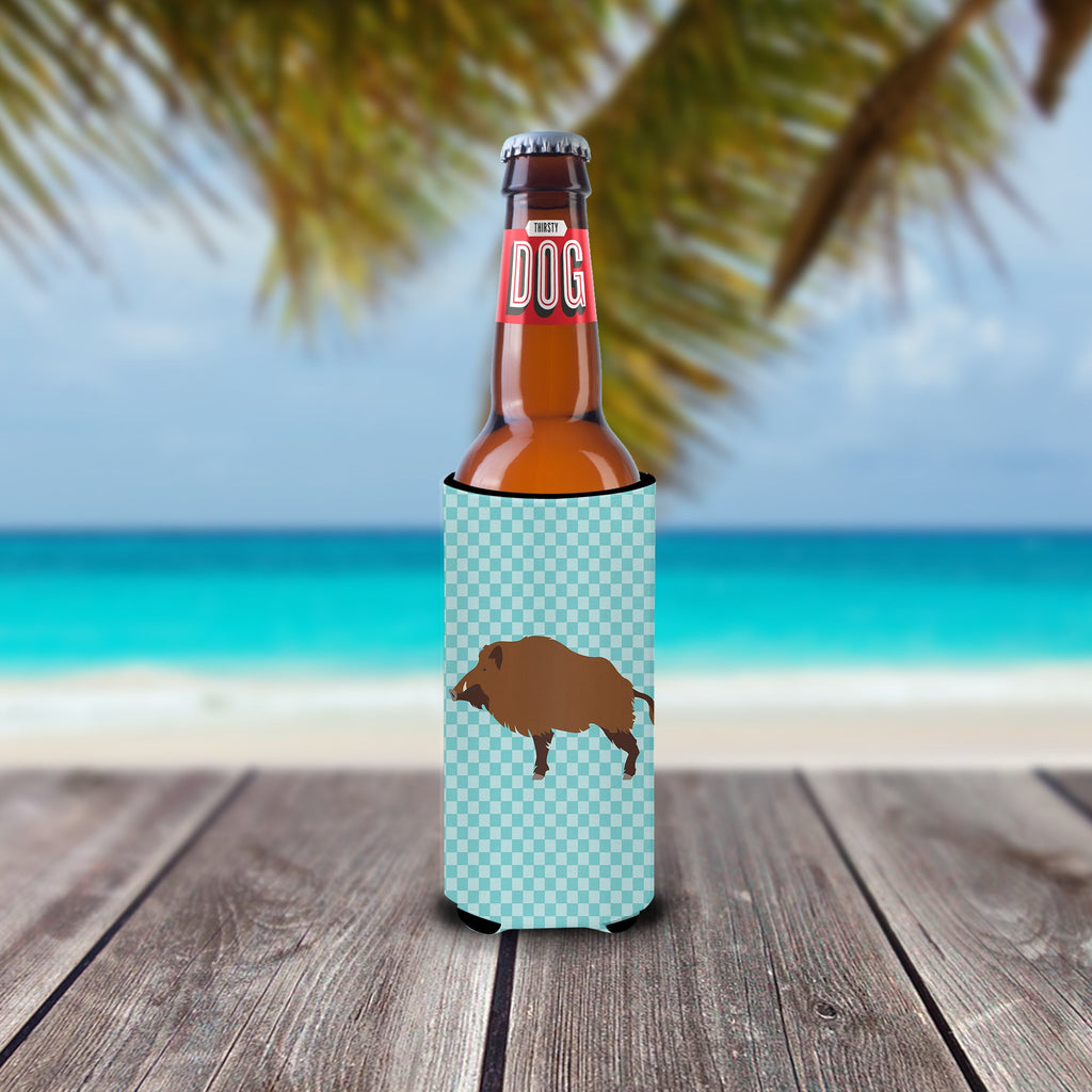 Wild Boar Pig Blue Check Slim Can Hugger , Insulated Foam Hugger for 12 oz Slim Cans, Beer Bottles & Water Bottles, Printed in USA