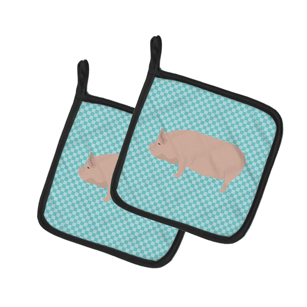 Welsh Pig Blue Check Pot Holder Set of 2 Heat Resistant Quilted Hot Pads 7.5 x 7.5 Inch, Insulated Kitchen Trivets for Cooking & Baking