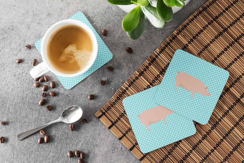English Large White Pig Blue Check Foam Coasters Set of 4 Cup Coasters for Indoor Outdoor, Tabletop Protection, Anti Slip, Mouse pad Material