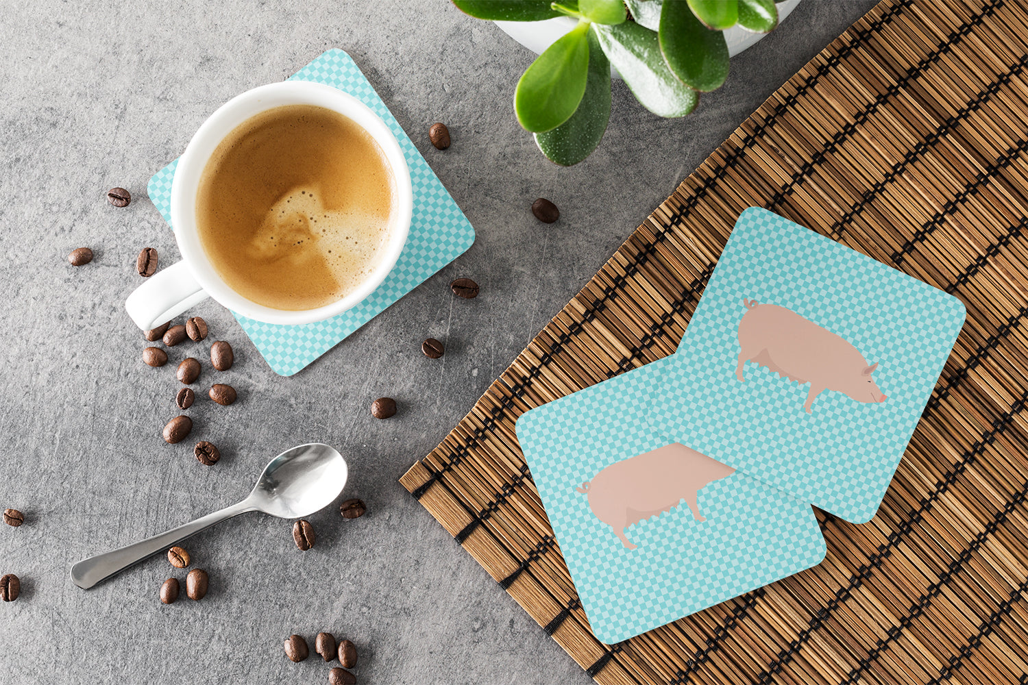 English Large White Pig Blue Check Foam Coasters Set of 4 Cup Coasters for Indoor Outdoor, Tabletop Protection, Anti Slip, Mouse pad Material