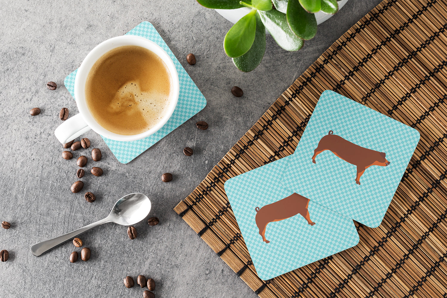 Duroc Pig Blue Check Foam Coasters Set of 4 Cup Coasters for Indoor Outdoor, Tabletop Protection, Anti Slip, Mouse pad Material
