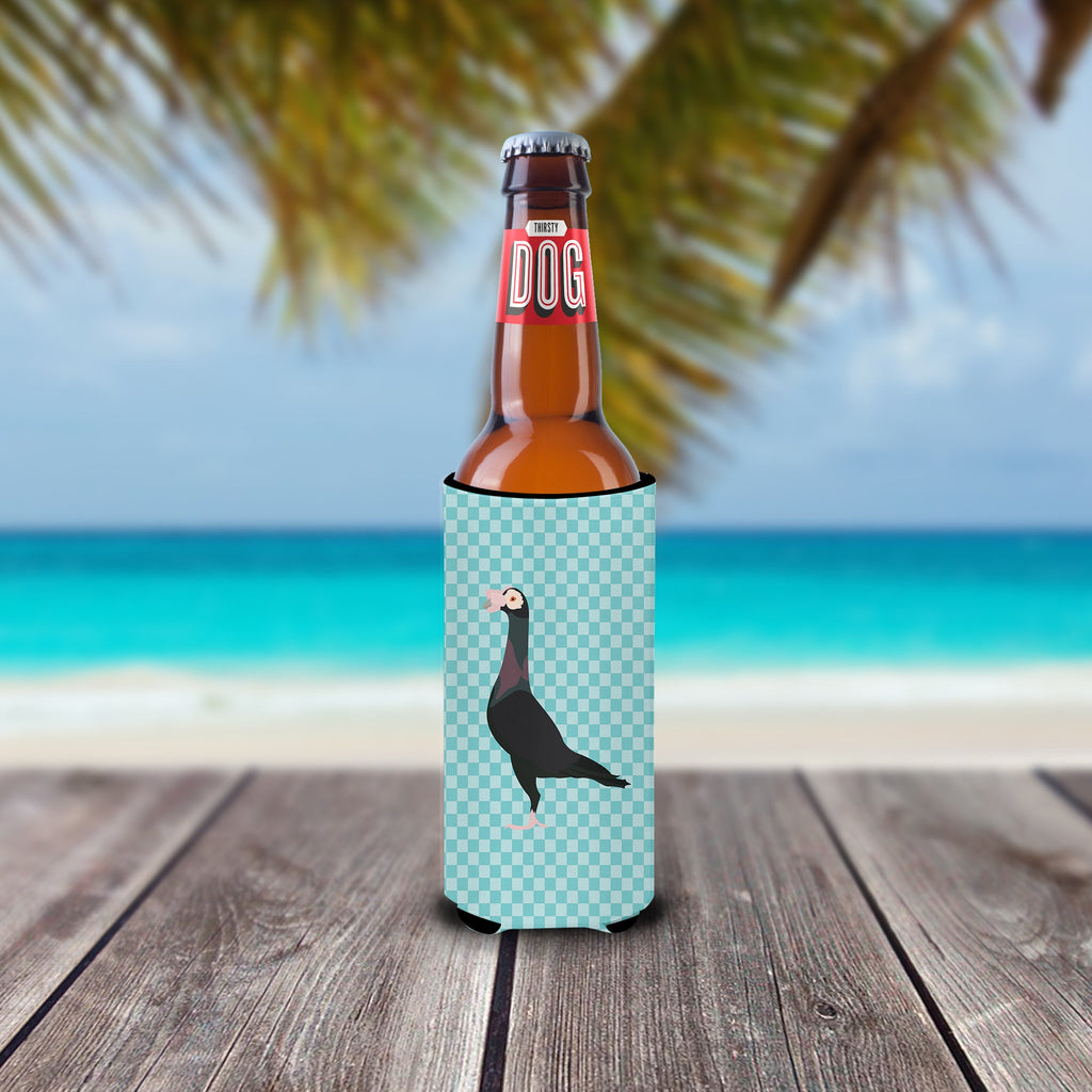 English Carrier Pigeon Blue Check Slim Can Hugger , Insulated Foam Hugger for 12 oz Slim Cans, Beer Bottles & Water Bottles, Printed in USA