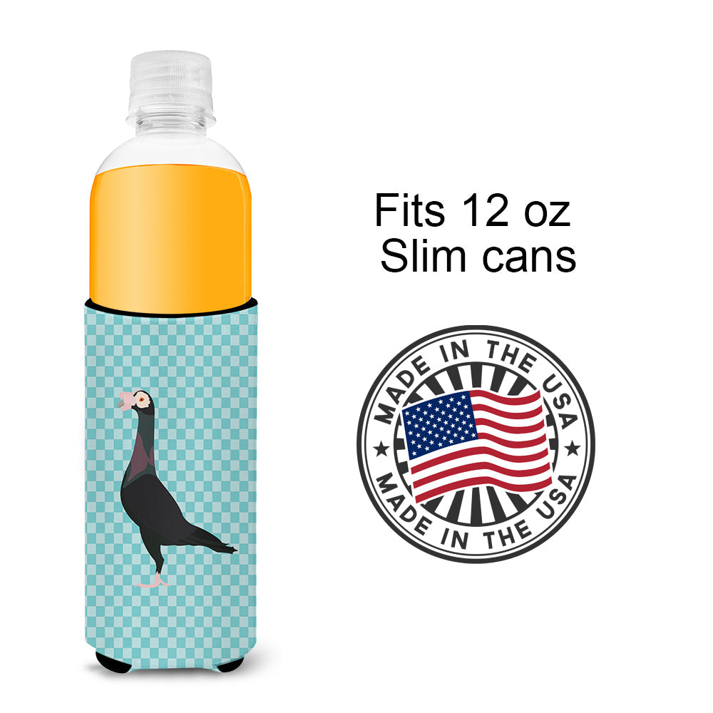 English Carrier Pigeon Blue Check Slim Can Hugger , Insulated Foam Hugger for 12 oz Slim Cans, Beer Bottles & Water Bottles, Printed in USA