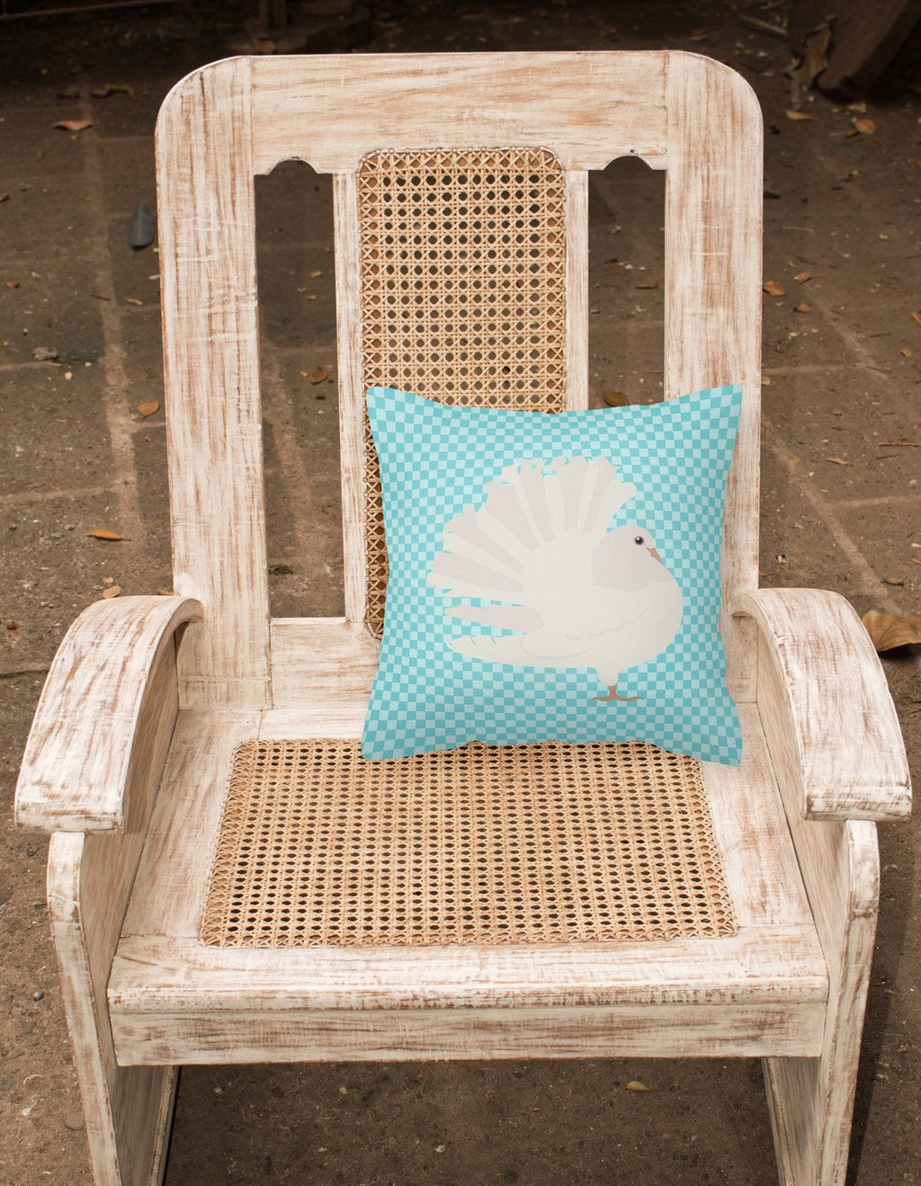 Silver Fantail Pigeon Blue Check Decorative Throw Pillow 18x18 Indoor Outdoor Accent Cushion, Fabric Cover with Insert for Sofa, Bed, Porch & Living Room