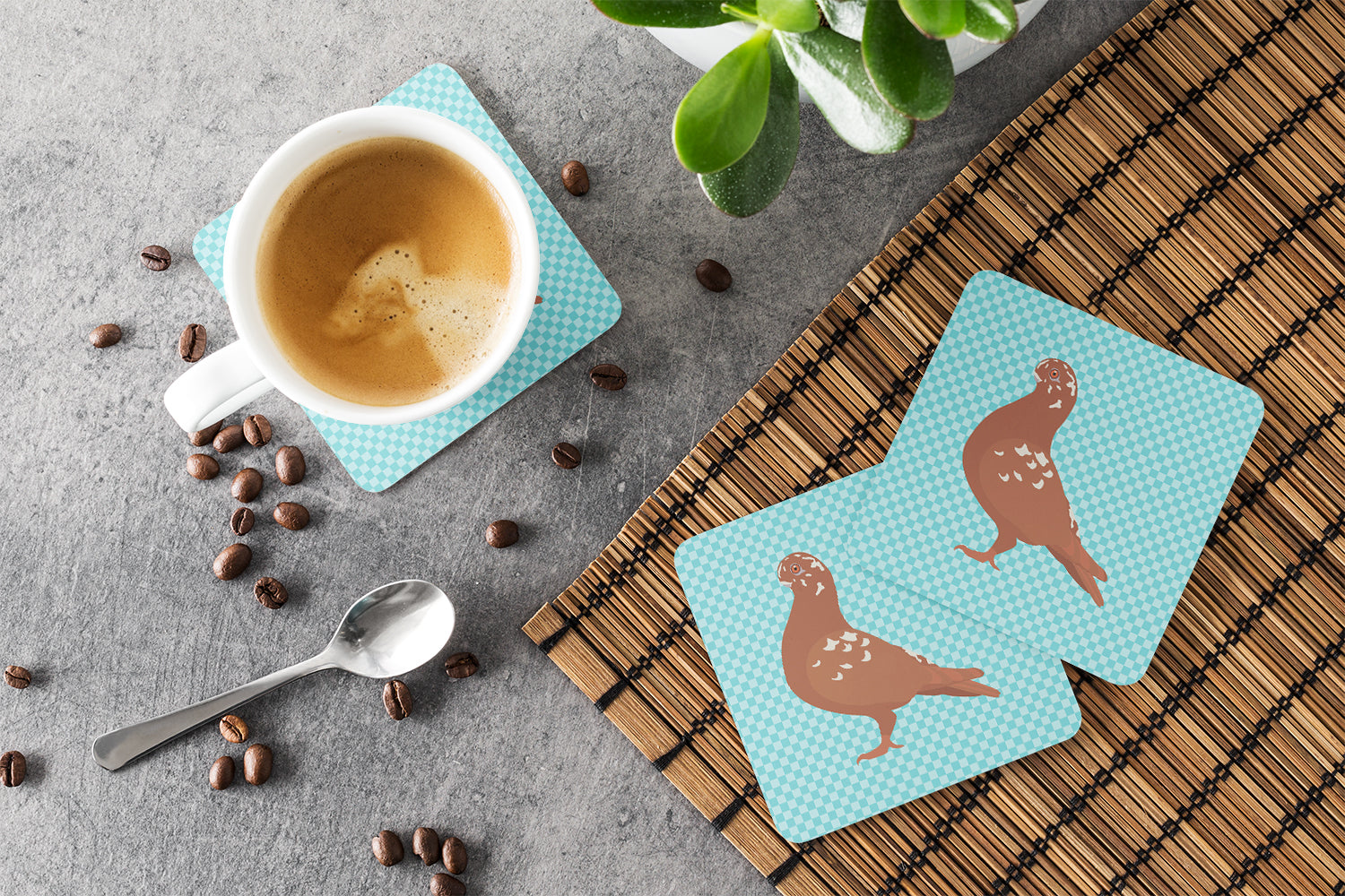 African Owl Pigeon Blue Check Foam Coasters Set of 4 Cup Coasters for Indoor Outdoor, Tabletop Protection, Anti Slip, Mouse pad Material