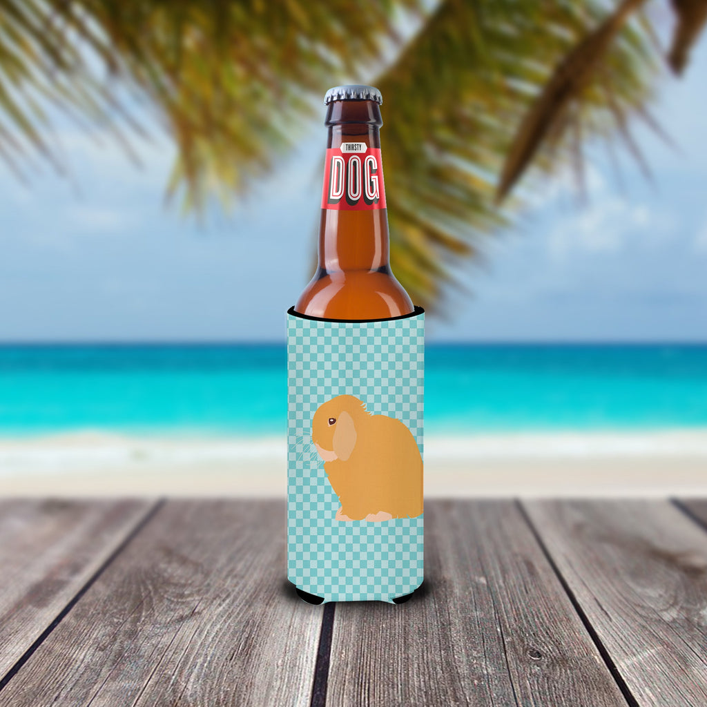 Holland Lop Rabbit Blue Check Slim Can Hugger , Insulated Foam Hugger for 12 oz Slim Cans, Beer Bottles & Water Bottles, Printed in USA