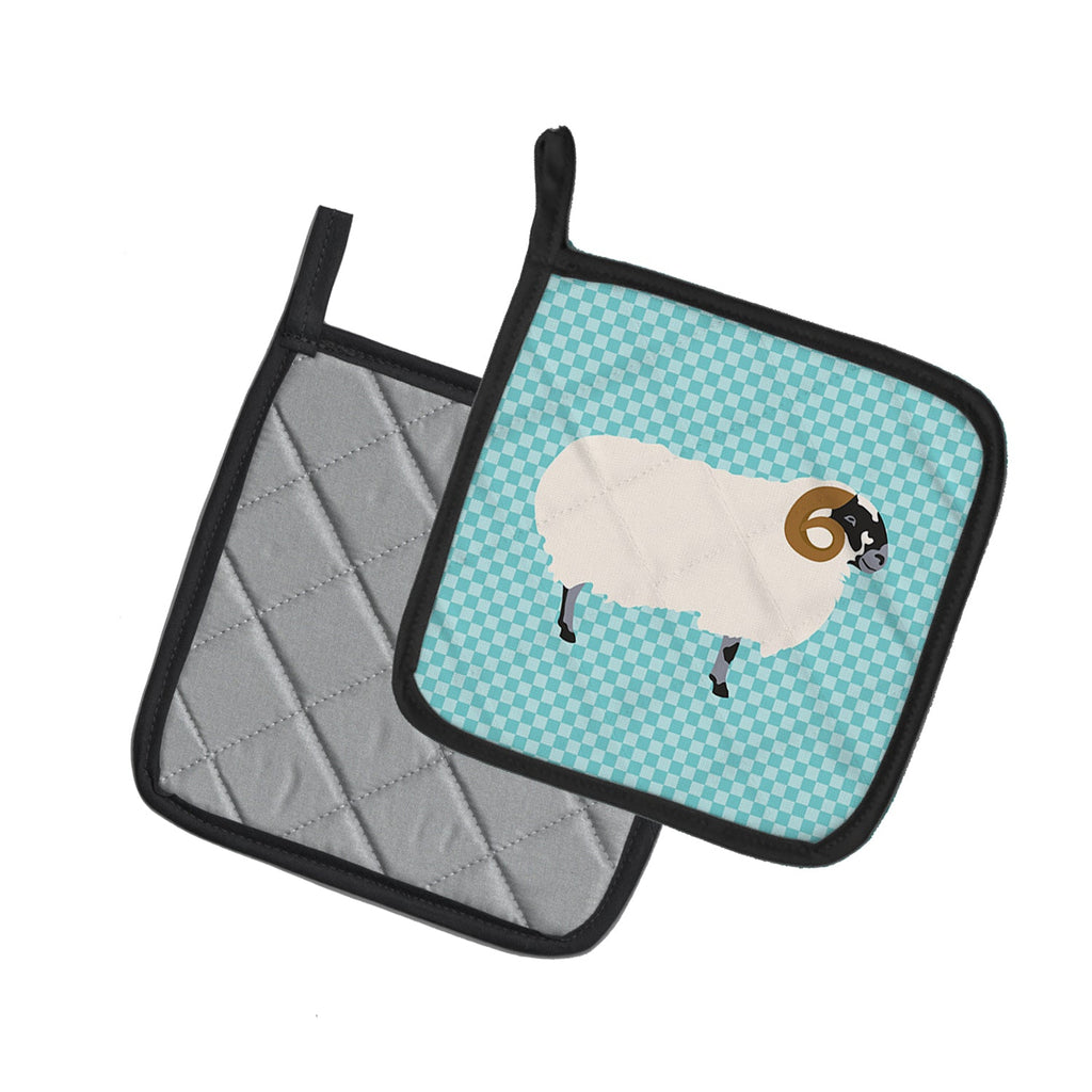 Scottish Blackface Sheep Blue Check Pot Holder Set of 2 Heat Resistant Quilted Hot Pads 7.5 x 7.5 Inch, Insulated Kitchen Trivets for Cooking & Baking