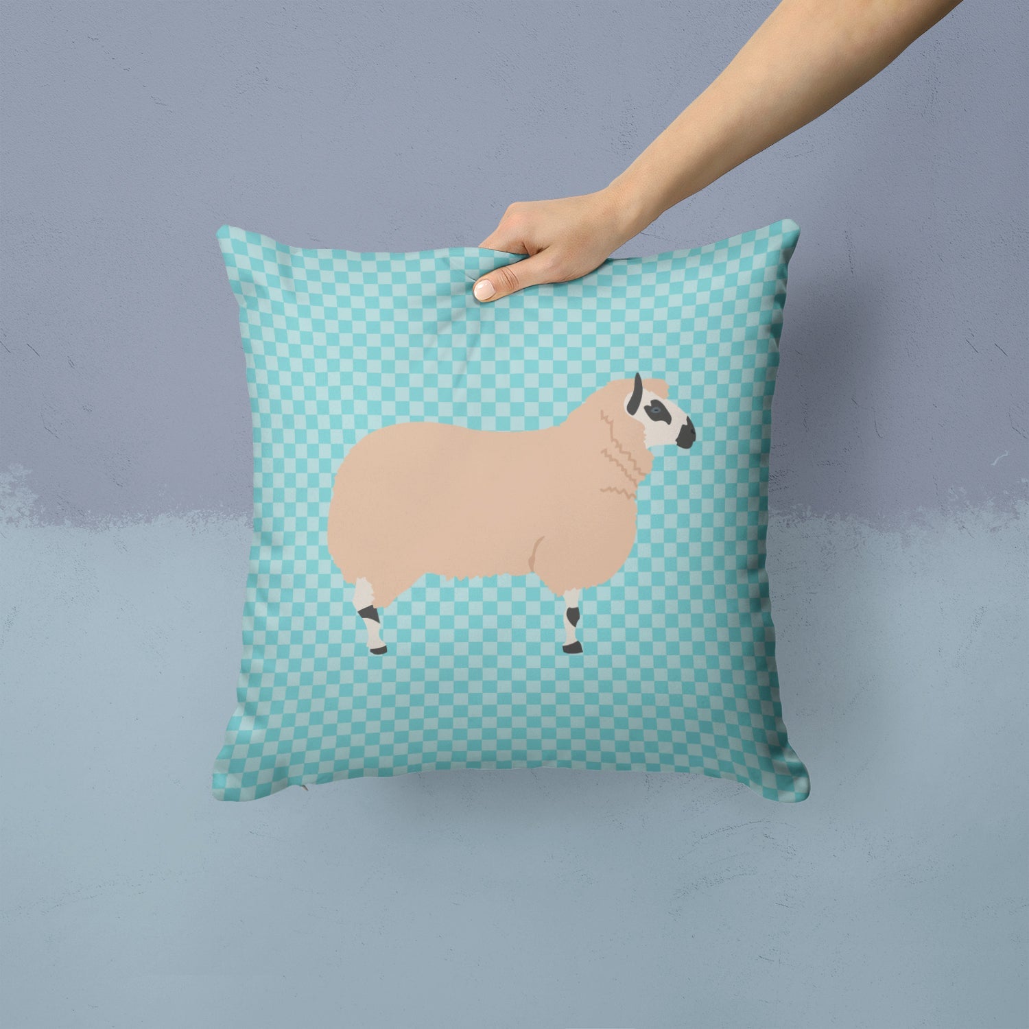 Kerry Hill Sheep Blue Check Decorative Throw Pillow 14x14 Indoor Outdoor Accent Cushion, Fabric Cover with Insert for Sofa, Bed, Porch & Living Room