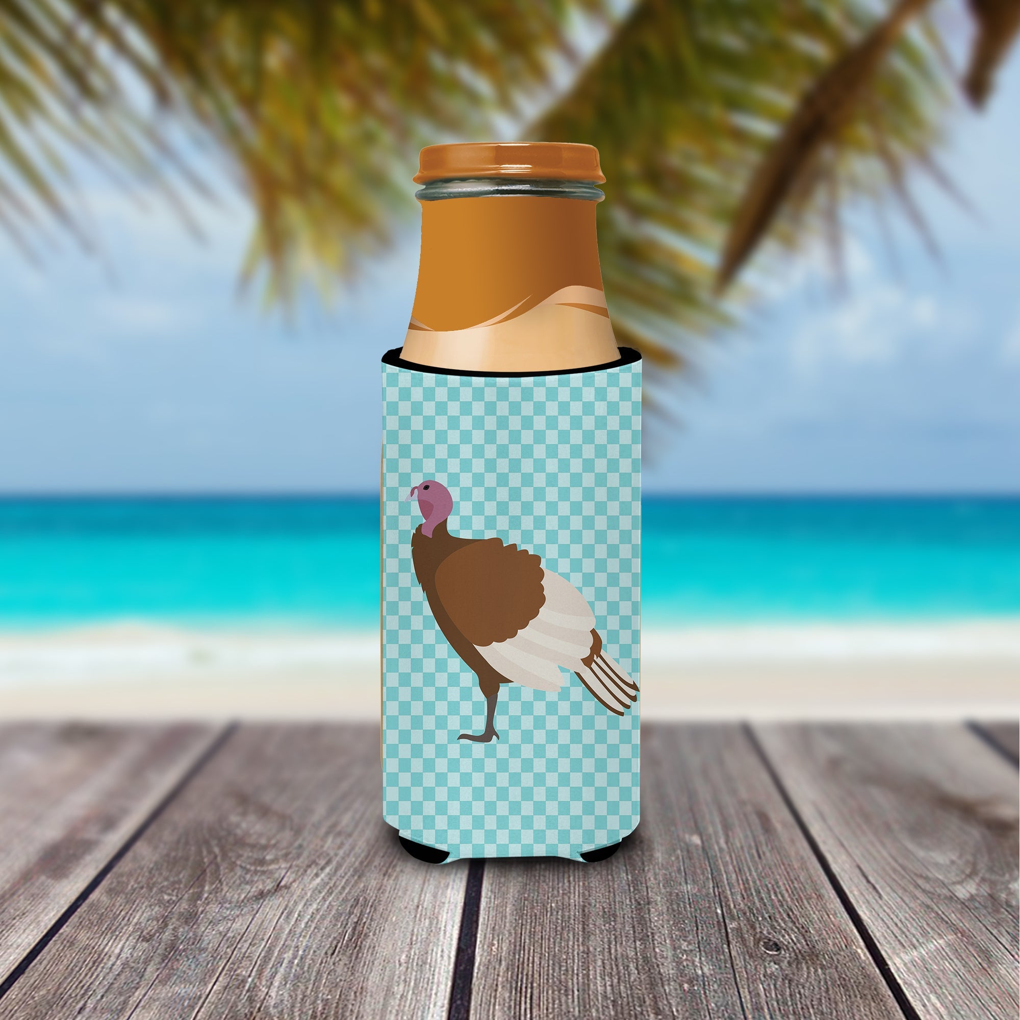 Bourbon Red Turkey Hen Blue Check Slim Can Hugger , Insulated Foam Hugger for 12 oz Slim Cans, Beer Bottles & Water Bottles, Printed in USA