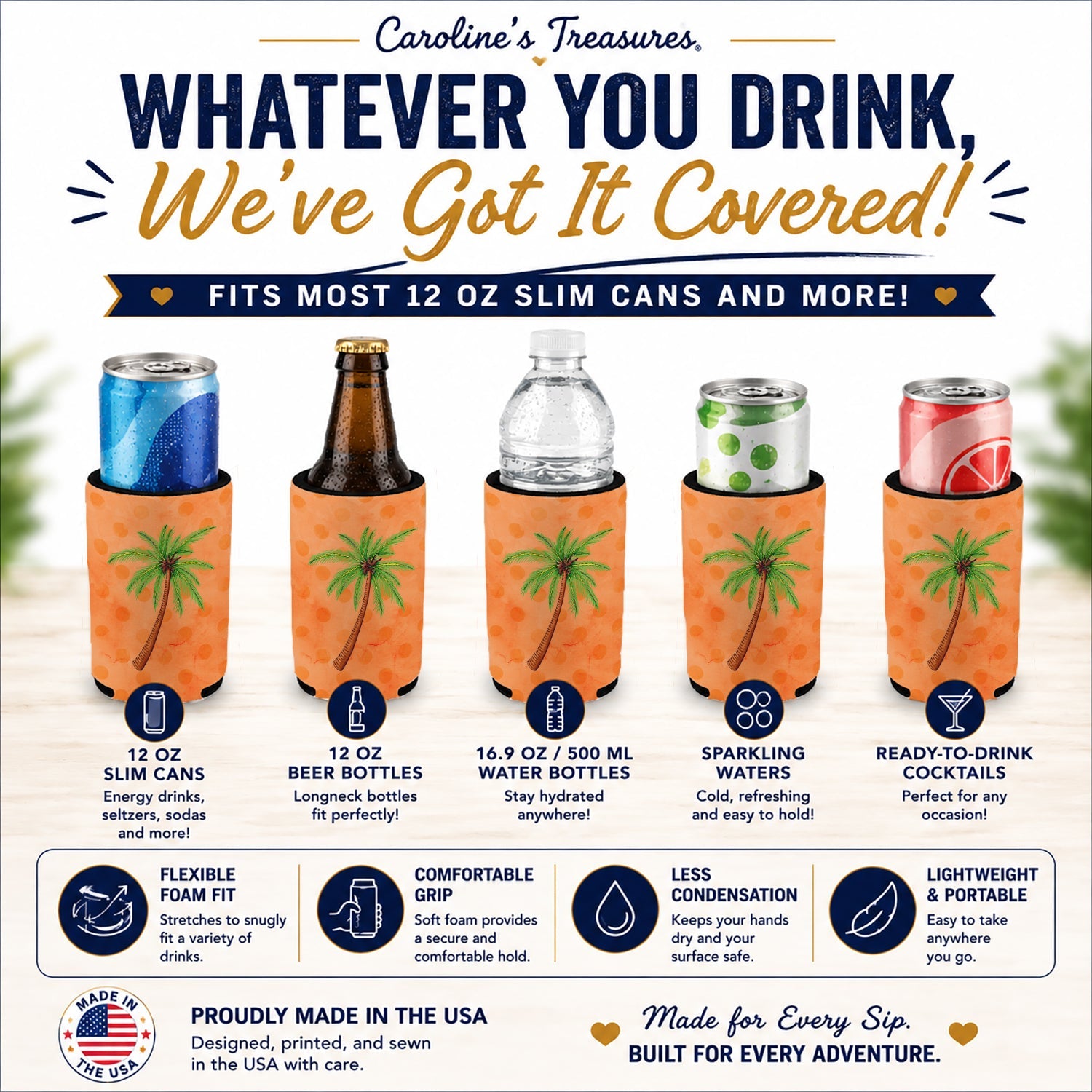 Palm Tree Orange Polkadot Slim Can Hugger  Insulated Foam Sleeve for 12 oz Slim Cans, Beer Bottles & Water Bottles, Made in USA