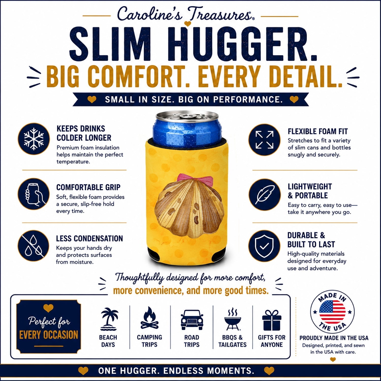 Sea Shell Yellow Polkadot Slim Can Hugger  Insulated Foam Sleeve for 12 oz Slim Cans, Beer Bottles & Water Bottles, Made in USA