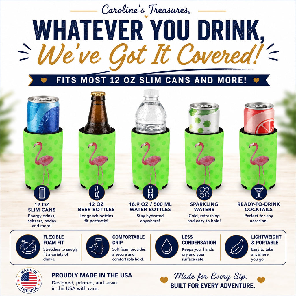 Flamingo Green Polkadot Slim Can Hugger  Insulated Foam Sleeve for 12 oz Slim Cans, Beer Bottles & Water Bottles, Made in USA