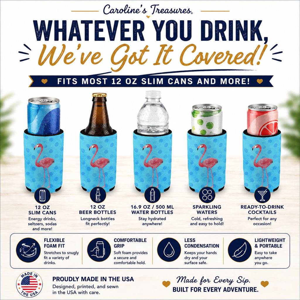 Flamingo Blue Polkadot Slim Can Hugger  Insulated Foam Sleeve for 12 oz Slim Cans, Beer Bottles & Water Bottles, Made in USA