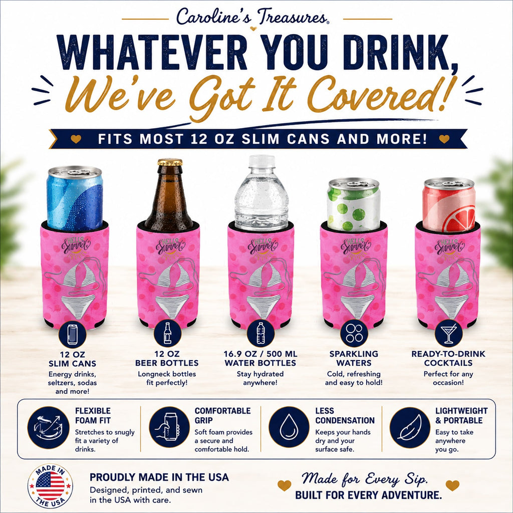 Bikini Swimsuit Pink Polkadot Slim Can Hugger  Insulated Foam Sleeve for 12 oz Slim Cans, Beer Bottles & Water Bottles, Made in USA