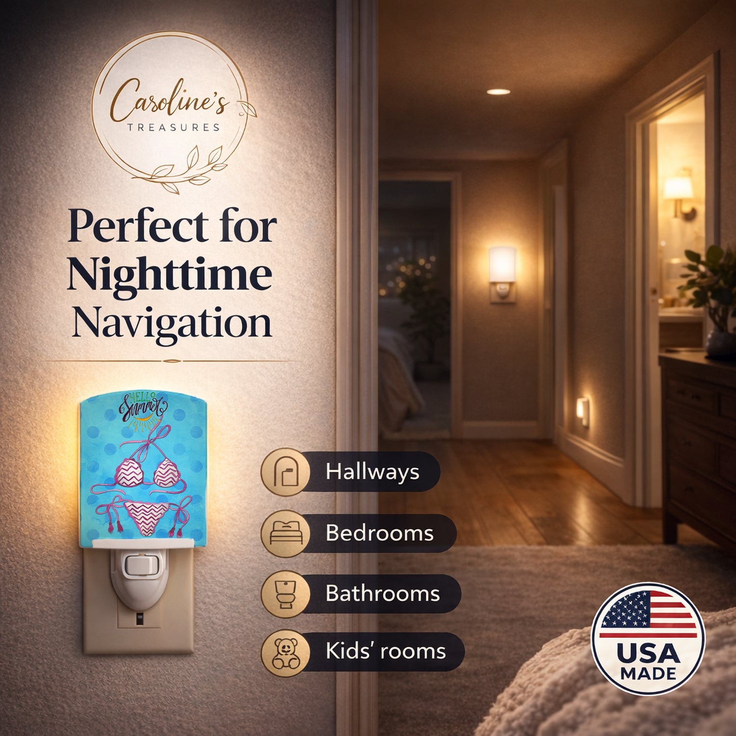 Bikini Swimsuit Blue Polkadot Ceramic Night Light Compact, UL-Certified, Ideal for Bedroom, Bathroom, Nursery, Hallway, Kitchen, 6x4x3, Multicolor