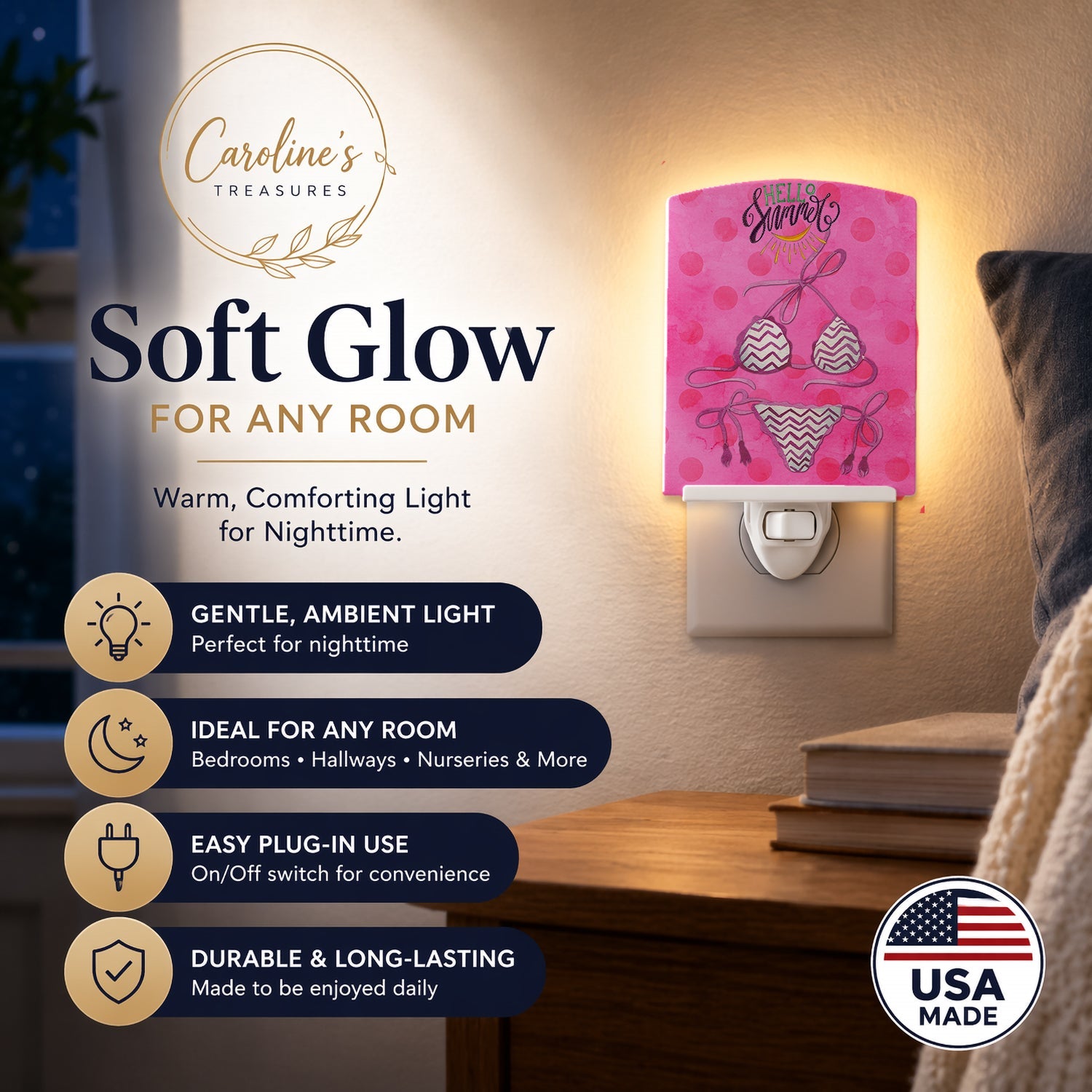 Bikini Swimsuit Pink Polkadot Ceramic Night Light Compact, UL-Certified, Ideal for Bedroom, Bathroom, Nursery, Hallway, Kitchen, 6x4x3, Multicolor