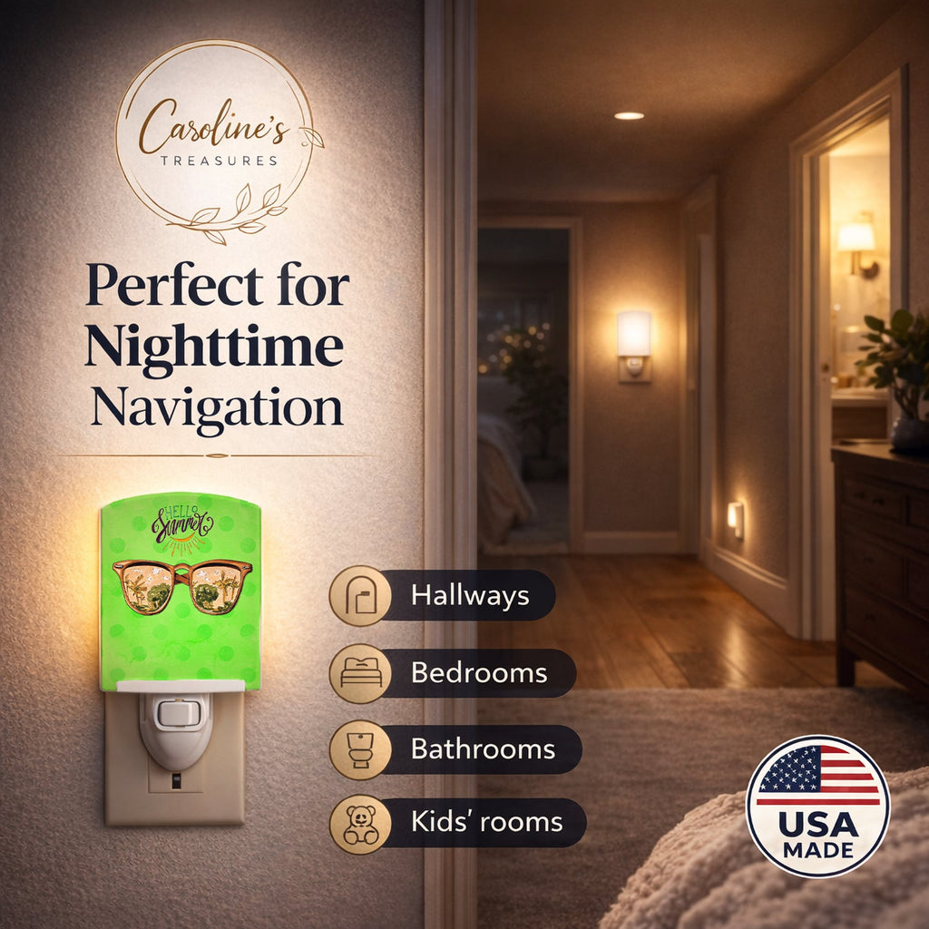 Beach Sunglasses Green Polkadot Ceramic Night Light Compact, UL-Certified, Ideal for Bedroom, Bathroom, Nursery, Hallway, Kitchen, 6x4x3, Multicolor