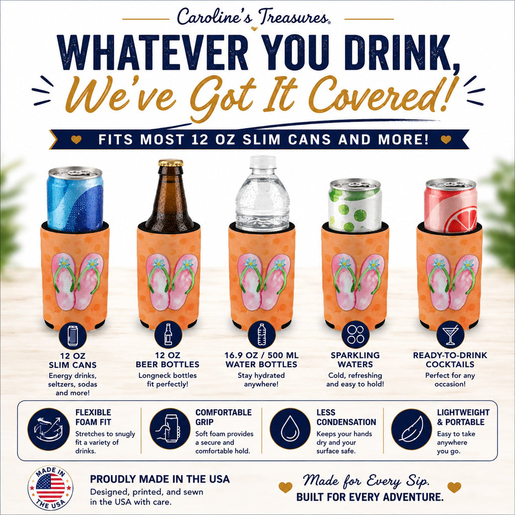 Pink Flip Flops Orange Polkadot Slim Can Hugger  Insulated Foam Sleeve for 12 oz Slim Cans, Beer Bottles & Water Bottles, Made in USA