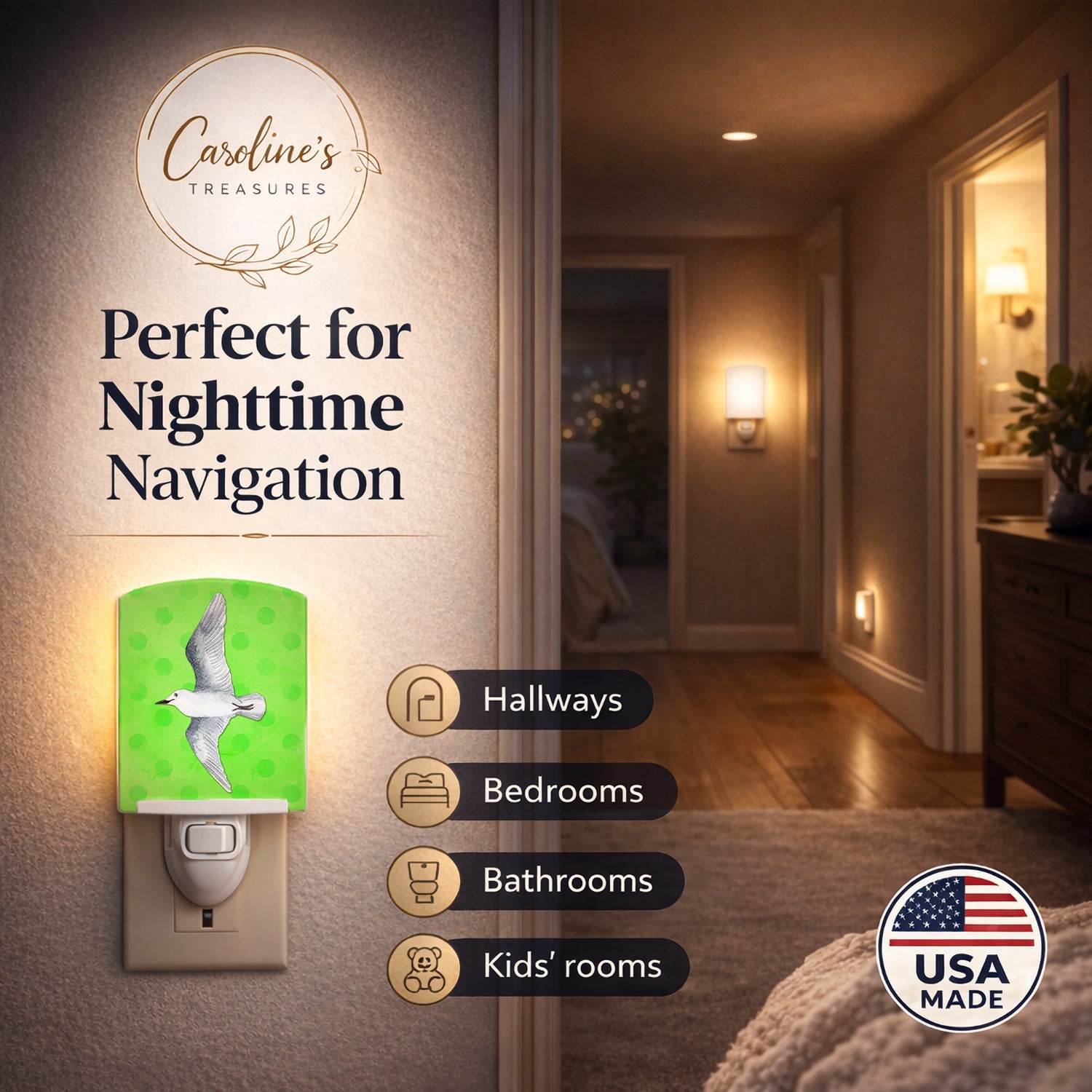 Sea Gull Green Polkadot Ceramic Night Light Compact, UL-Certified, Ideal for Bedroom, Bathroom, Nursery, Hallway, Kitchen, 6x4x3, Multicolor