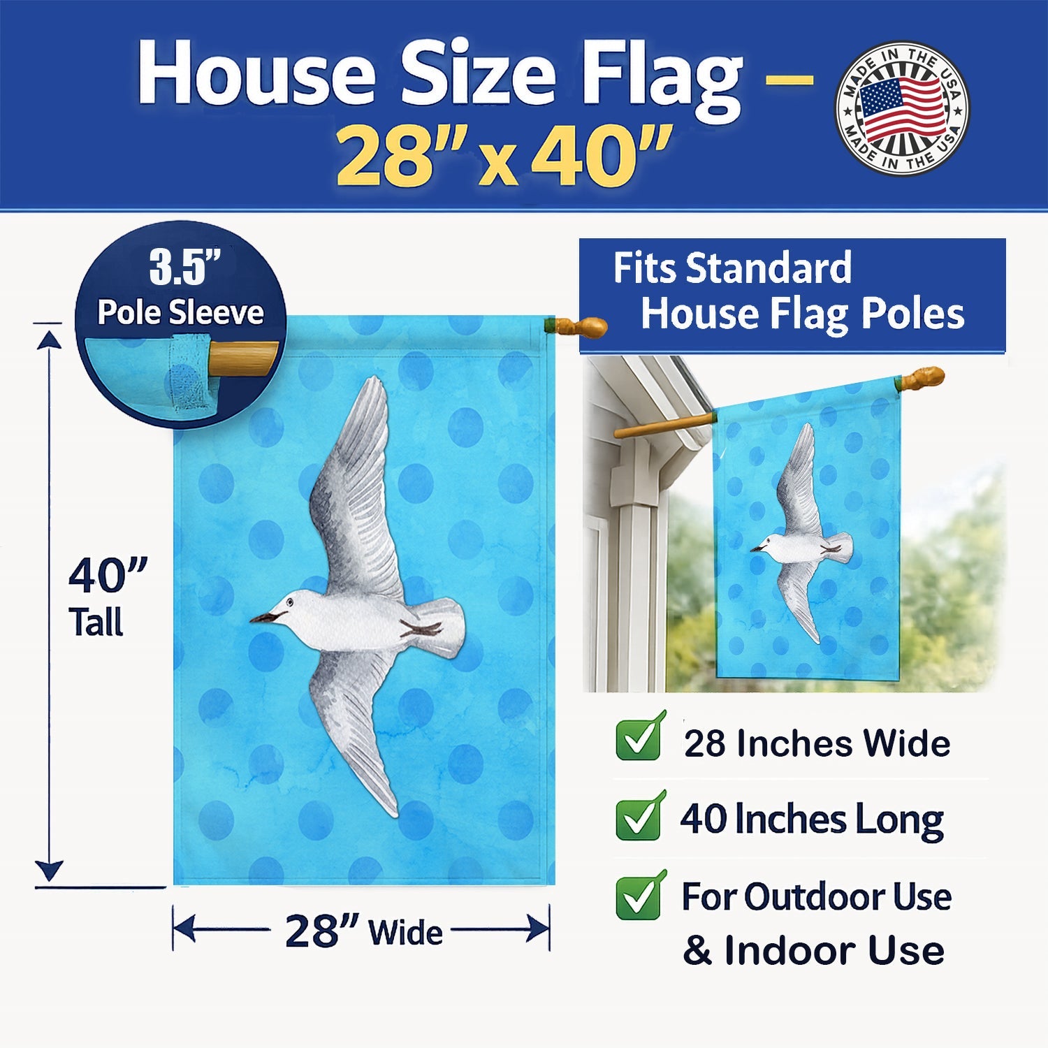 Sea Gull Blue Polkadot House Flag 28x40 Porch Sleeve Pole Decorative Outside Yard Banner Artwork Wall Hanging, Polyester