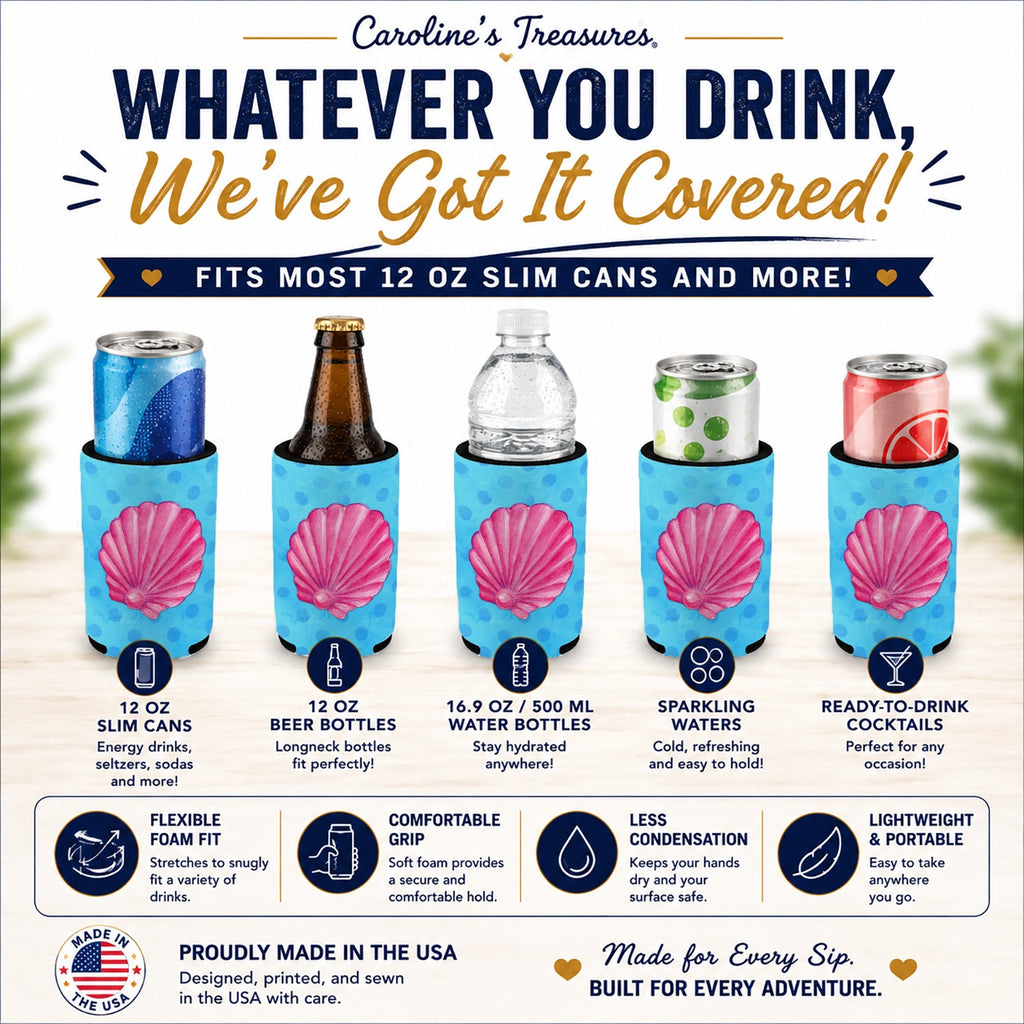 Pink Sea Shell Blue Polkadot Slim Can Hugger  Insulated Foam Sleeve for 12 oz Slim Cans, Beer Bottles & Water Bottles, Made in USA