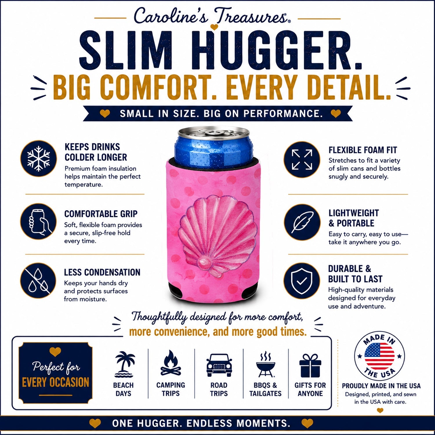 Pink Sea Shell Pink Polkadot Slim Can Hugger  Insulated Foam Sleeve for 12 oz Slim Cans, Beer Bottles & Water Bottles, Made in USA