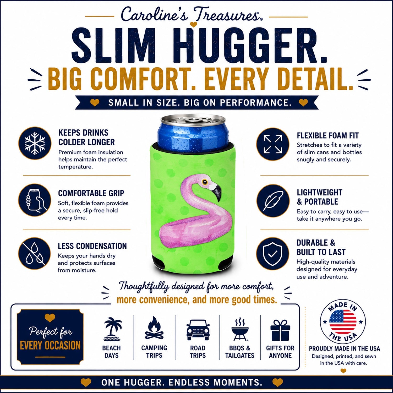 Flamingo Floaty Green Polkadot Slim Can Hugger  Insulated Foam Sleeve for 12 oz Slim Cans, Beer Bottles & Water Bottles, Made in USA