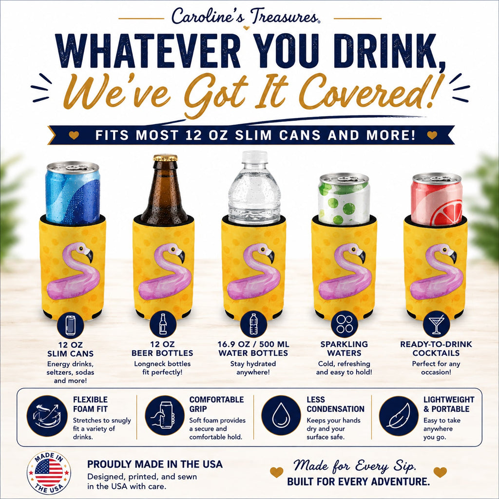Flamingo Floaty Yellow Polkadot Slim Can Hugger  Insulated Foam Sleeve for 12 oz Slim Cans, Beer Bottles & Water Bottles, Made in USA