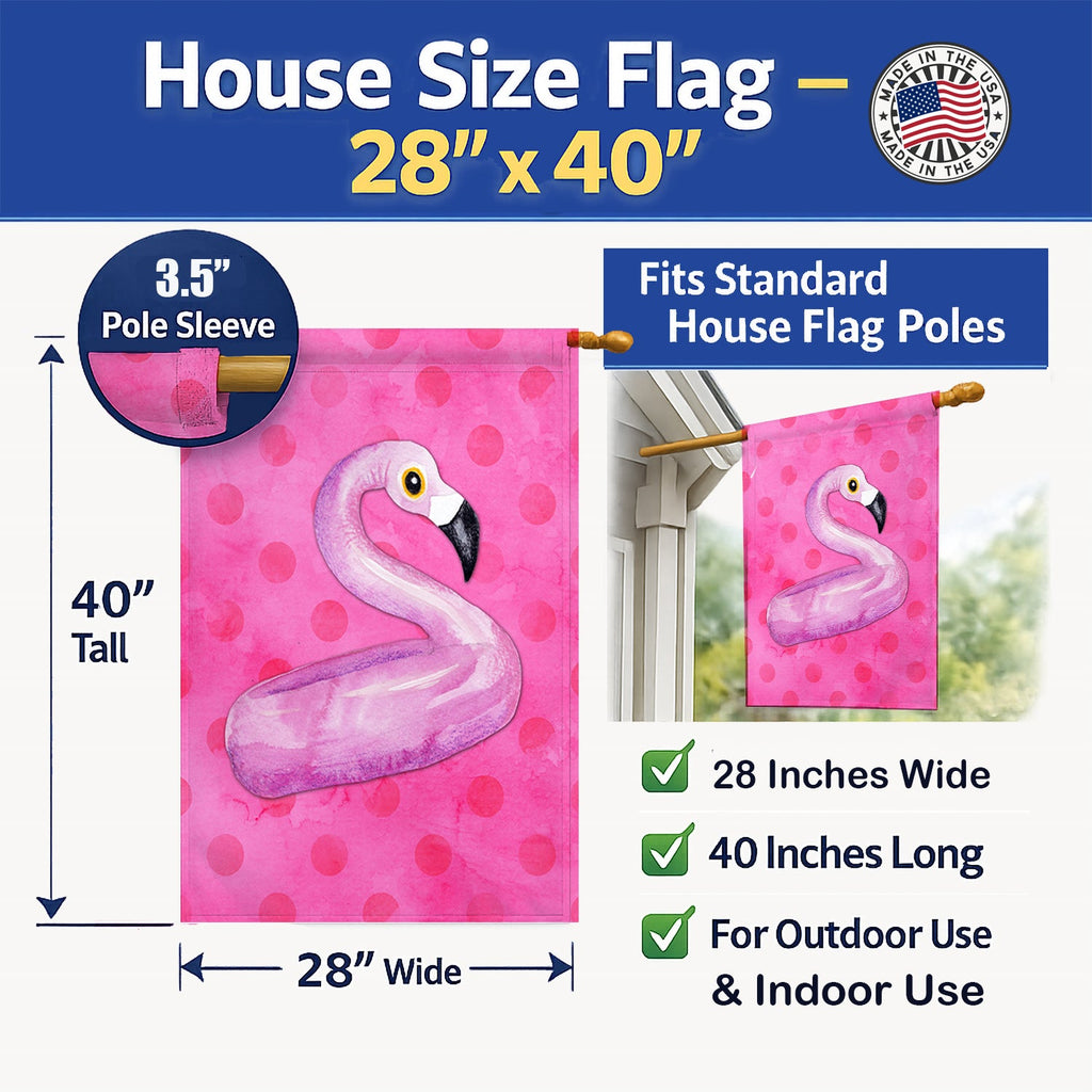 Flamingo Floaty Pink Polkadot House Flag 28x40 Porch Sleeve Pole Decorative Outside Yard Banner Artwork Wall Hanging, Polyester