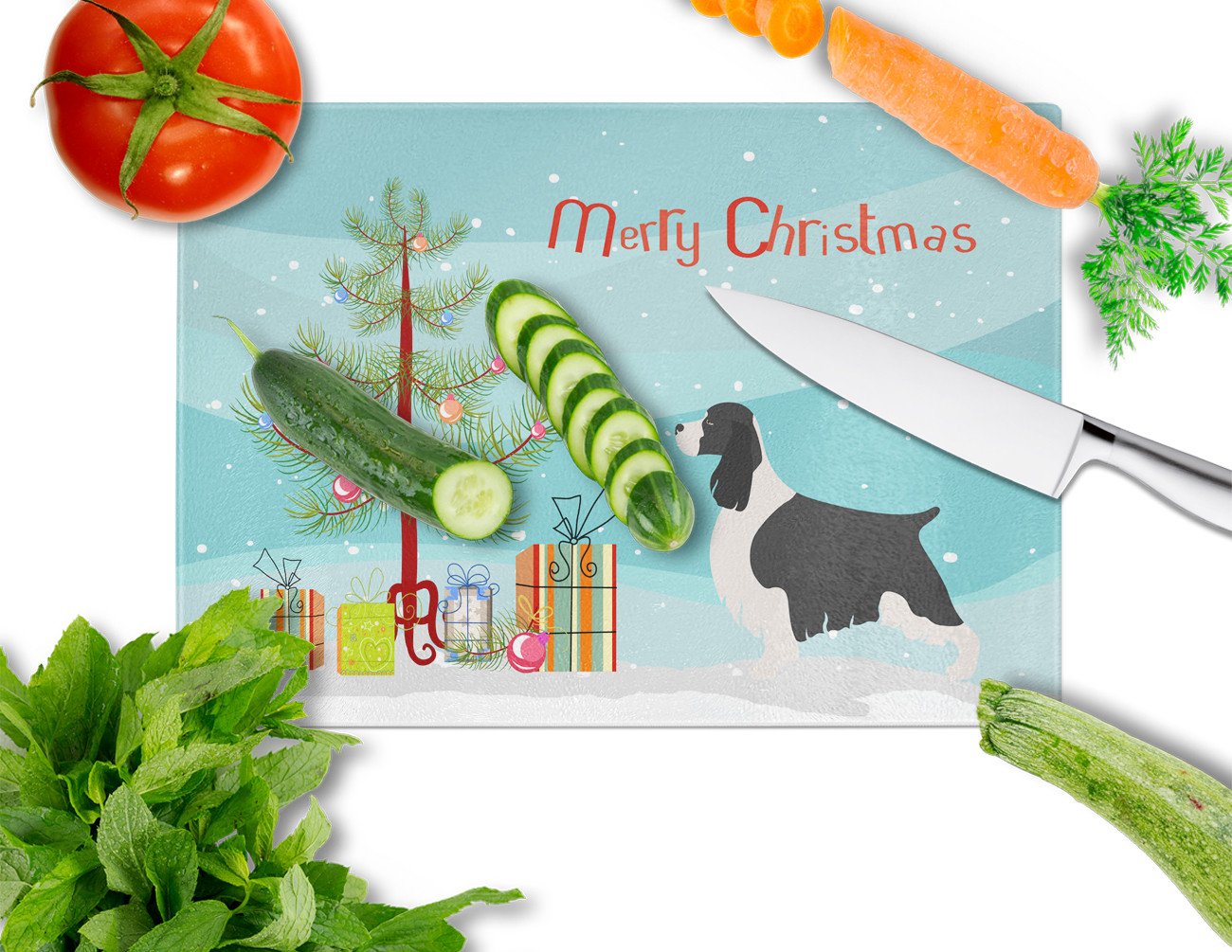 English Springer Spaniel Christmas Cutting Board Tempered Glass Kitchen Cutting Surface, Heat Resistant Chopping, Non-Slip Feet, Food Prep & Serving