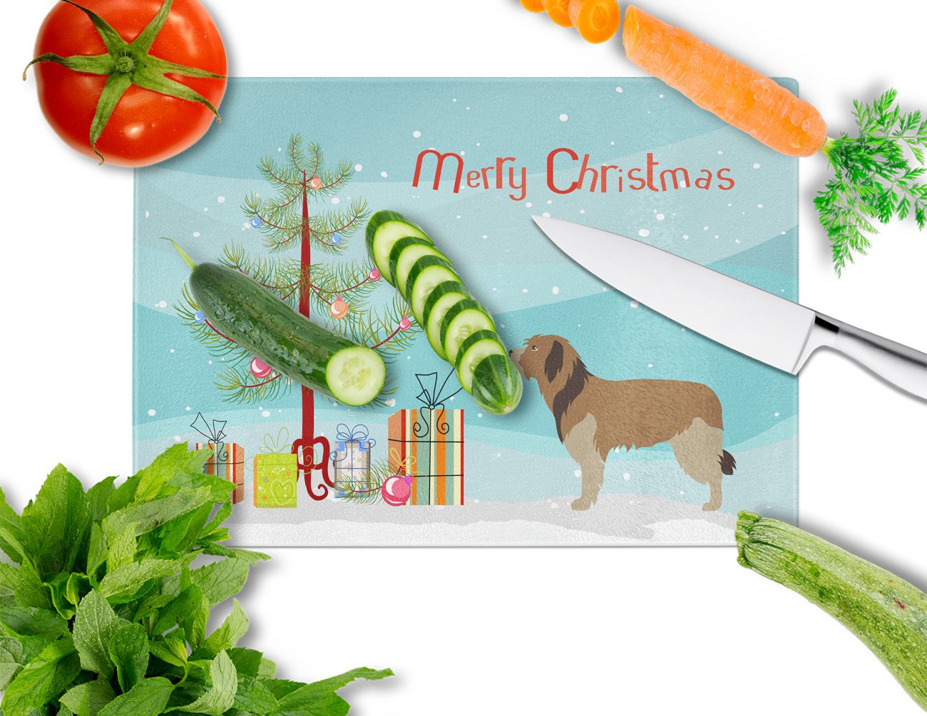 Catalan Sheepdog Christmas Cutting Board Tempered Glass Kitchen Cutting Surface, Heat Resistant Chopping, Non-Slip Feet, Food Prep & Serving