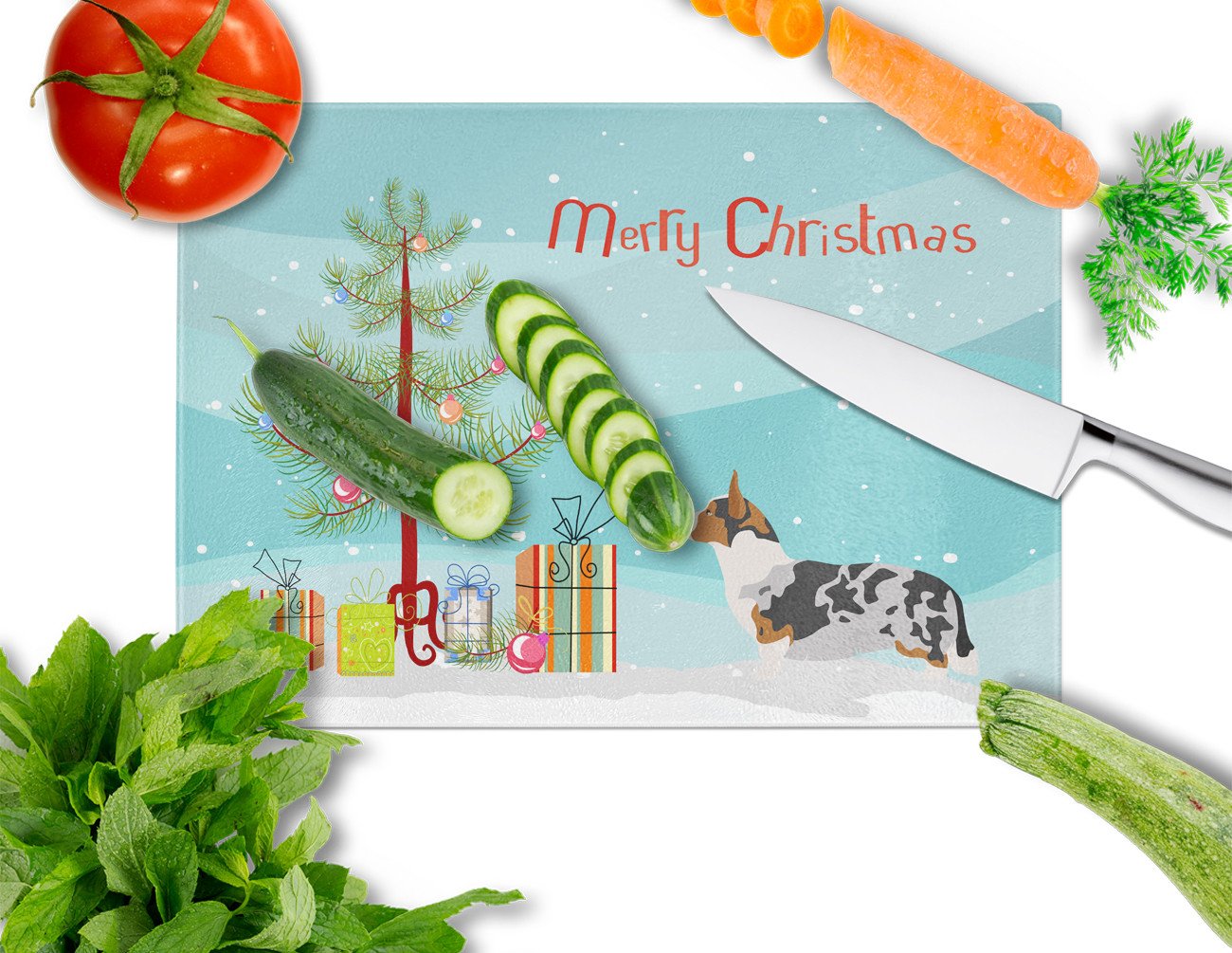 Welsh Corgi Cardigan Christmas Cutting Board Tempered Glass Kitchen Cutting Surface, Heat Resistant Chopping, Non-Slip Feet, Food Prep & Serving