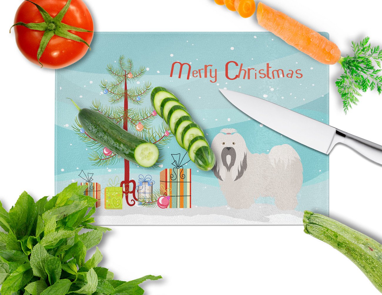 Lhasa Apso Christmas Cutting Board Tempered Glass Kitchen Cutting Surface, Heat Resistant Chopping, Non-Slip Feet, Food Prep & Serving