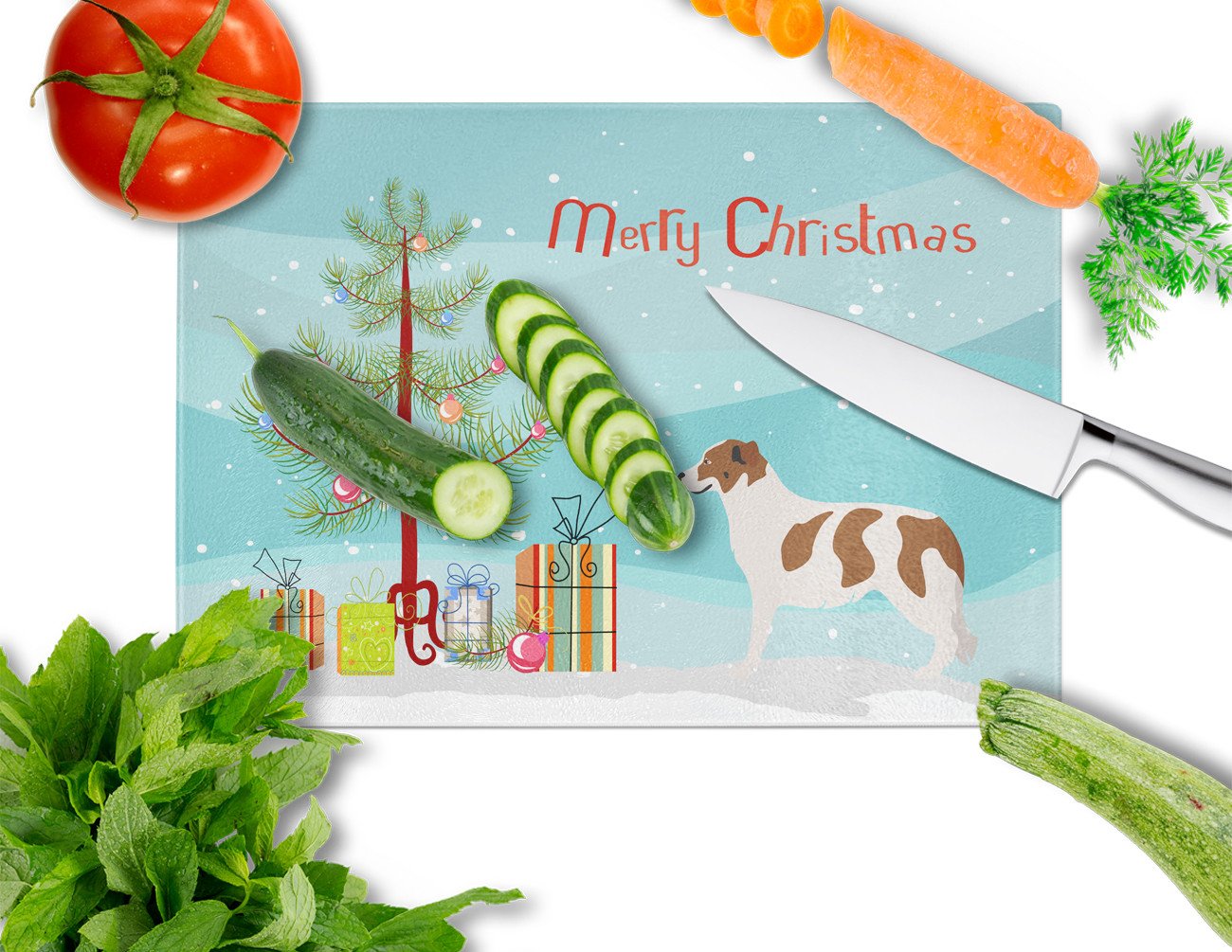 Aidi Atlas Mountain Dog Christmas Cutting Board Tempered Glass Kitchen Cutting Surface, Heat Resistant Chopping, Non-Slip Feet, Food Prep & Serving