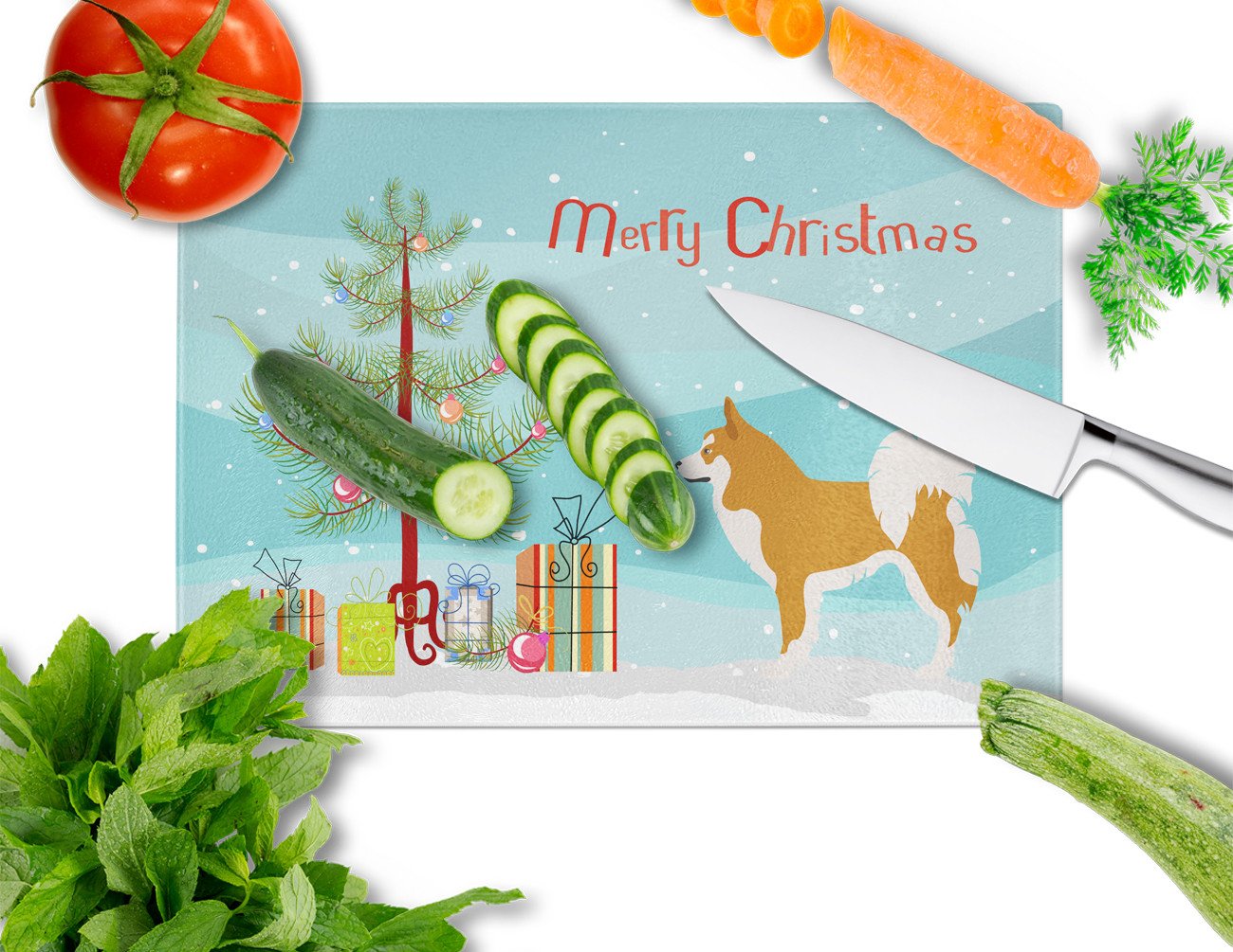 Icelandic Sheepdog Christmas Cutting Board Tempered Glass Kitchen Cutting Surface, Heat Resistant Chopping, Non-Slip Feet, Food Prep & Serving