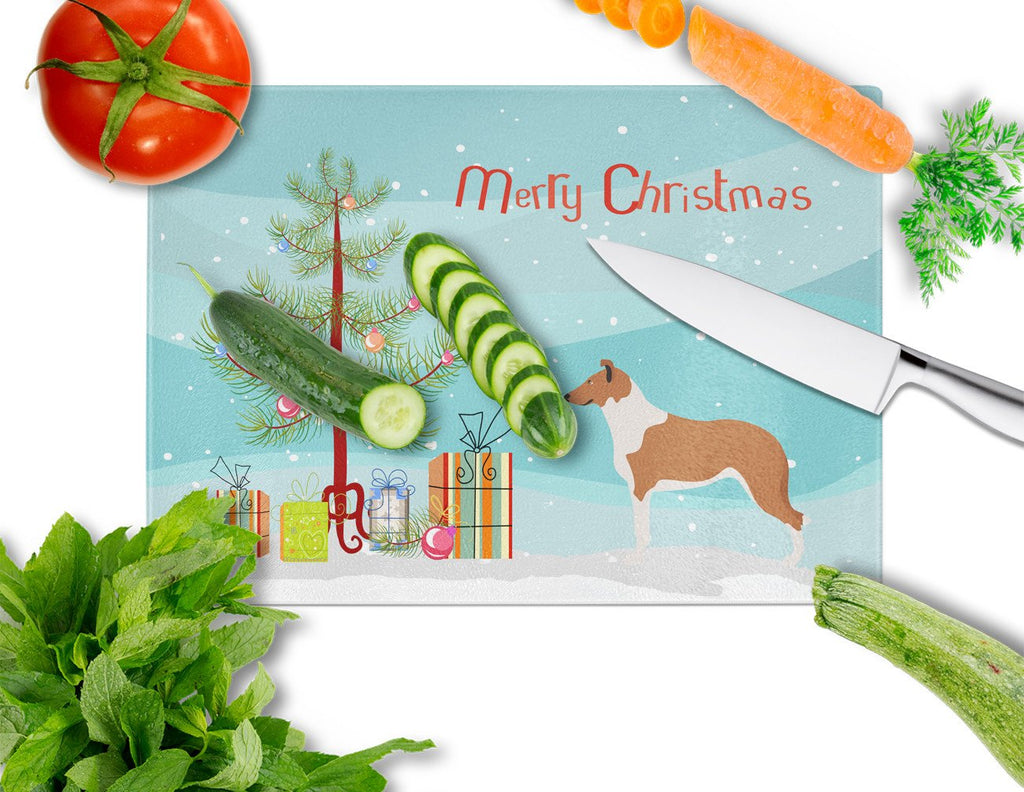 Smooth Collie Christmas Cutting Board Tempered Glass Kitchen Cutting Surface, Heat Resistant Chopping, Non-Slip Feet, Food Prep & Serving