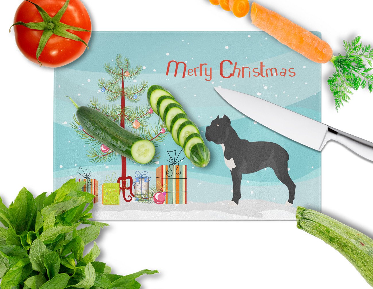 Cane Corso Christmas Cutting Board Tempered Glass Kitchen Cutting Surface, Heat Resistant Chopping, Non-Slip Feet, Food Prep & Serving
