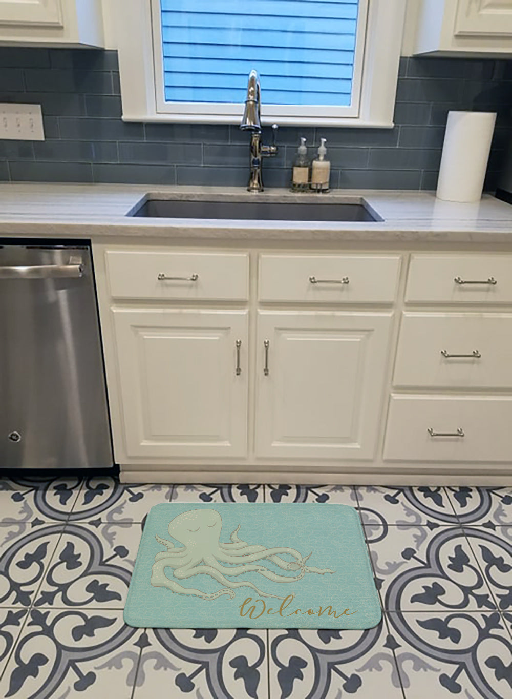 Octopus Welcome Memory Foam Kitchen Mat Machine Washable Anti-Fatigue Cushion Comfort Bath or Kitchen Rug