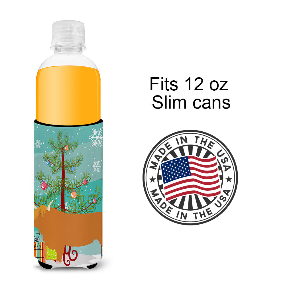 Highland Cow Christmas Slim Can Hugger , Insulated Foam Hugger for 12 oz Slim Cans, Beer Bottles & Water Bottles, Printed in USA