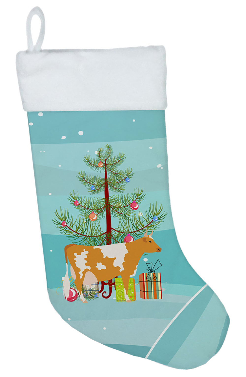 Guernsey Cow Christmas Holiday Stocking Double-Sided Print, Polyester Suede,11x18, Made in USA