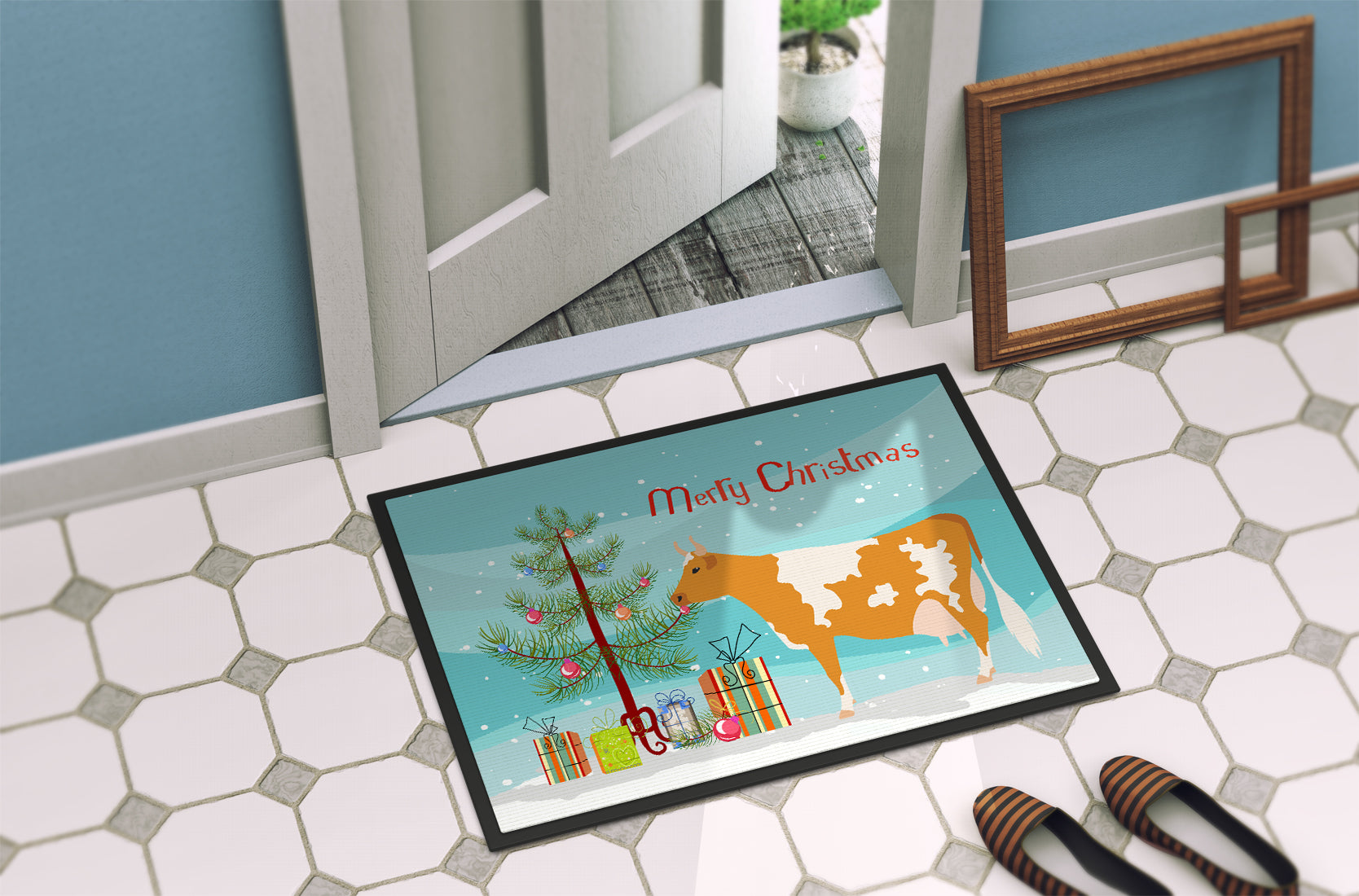 Guernsey Cow Christmas Doormat Indoor Outdoor 18H X 27W Front Door Mat Rugs for Entryway, Non Slip Washable