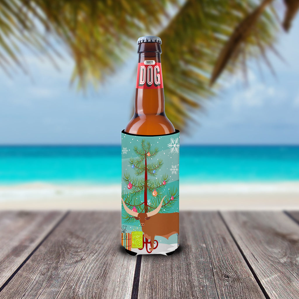 Ankole-Watusu Cow Christmas Slim Can Hugger , Insulated Foam Hugger for 12 oz Slim Cans, Beer Bottles & Water Bottles, Printed in USA