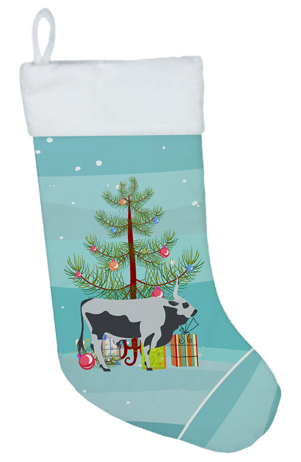 Hungarian Grey Steppe Cow Christmas Holiday Stocking Double-Sided Print, Polyester Suede,11x18, Made in USA