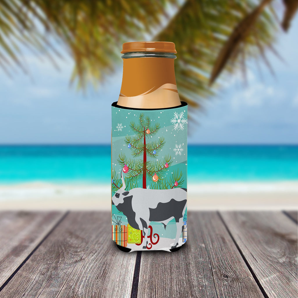 Hungarian Grey Steppe Cow Christmas Slim Can Hugger , Insulated Foam Hugger for 12 oz Slim Cans, Beer Bottles & Water Bottles, Printed in USA