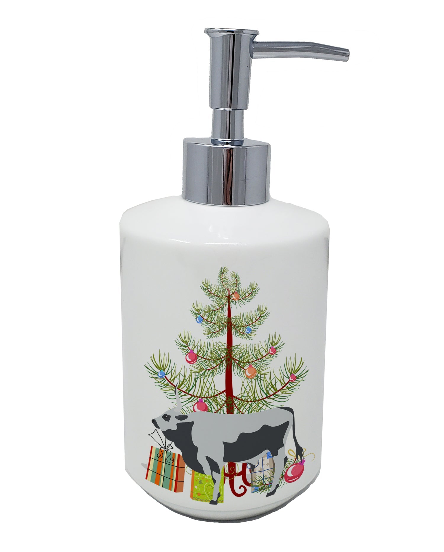 Hungarian Grey Steppe Cow Christmas Ceramic Soap Dispenser , Empty Refillable Hand Soap Pump Bottle for Bathroom Kitchen