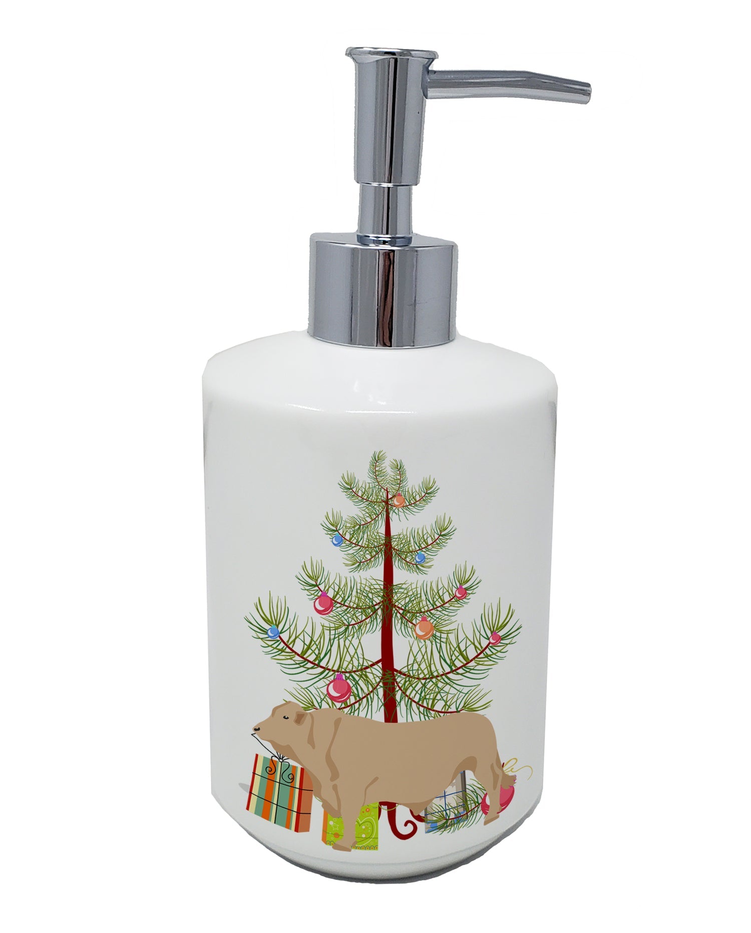 Charolais Cow Christmas Ceramic Soap Dispenser , Empty Refillable Hand Soap Pump Bottle for Bathroom Kitchen