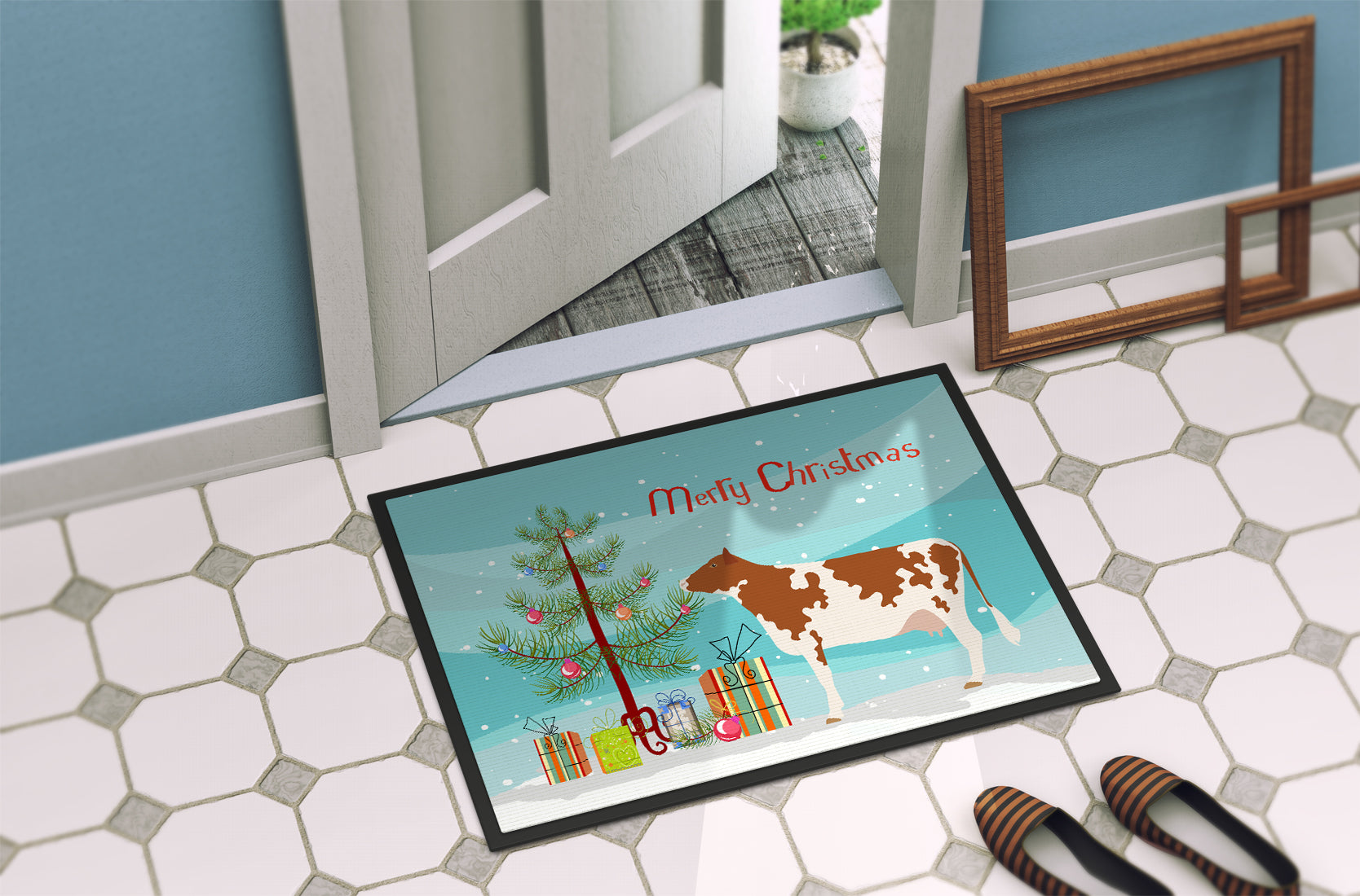 Ayrshire Cow Christmas Doormat Indoor Outdoor 24H X 36W Front Door Mat Rugs for Entryway, Non Slip Washable Low Pile,