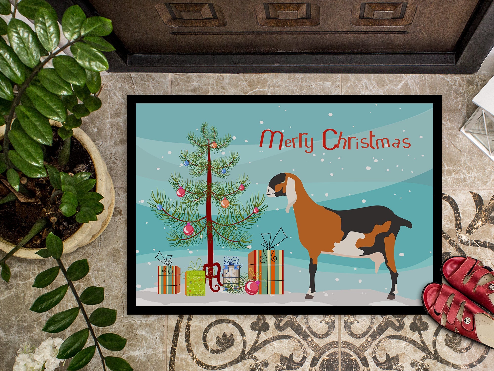 Anglo-nubian Nubian Goat Christmas Doormat Indoor Outdoor 24H X 36W Front Door Mat Rugs for Entryway, Non Slip Washable Low Pile,